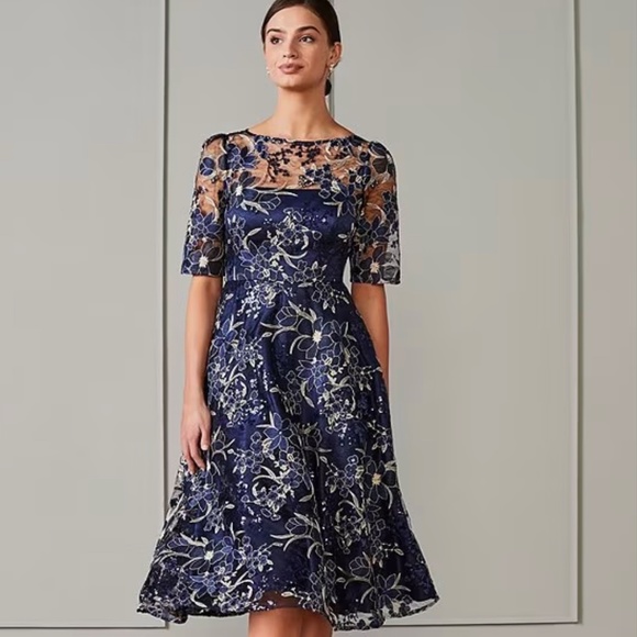 NWT Eliza J Sequin Floral Embroidery Fit & Flare Cocktail Midi Dress, Sz 6 - Picture 3 of 5
